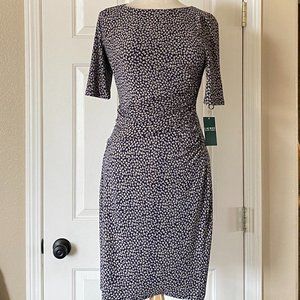Lauren Ralph Lauren Short Sleeve Lined Sheath Ruched Dress Navy Leaf Size 4